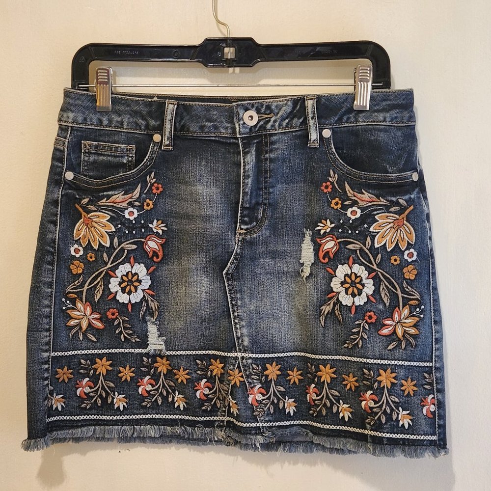 Denim embroidered mini skirt by Altar'd State, embroidery